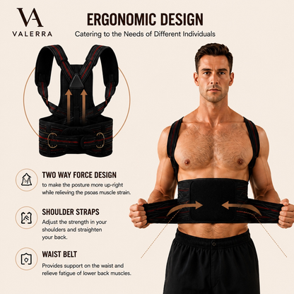 Ergonomic design of the Valerra Posture Corrector Pro shoulder straps and waist belt