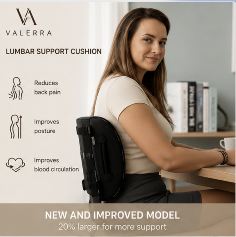 Woman seated with the Valerra lumbar support cushion at her lower back
