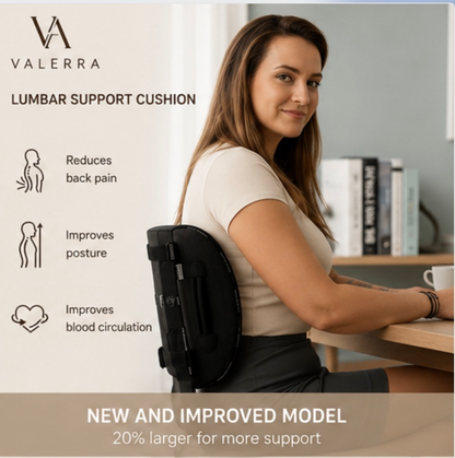 Woman seated with the Valerra lumbar support cushion at her lower back