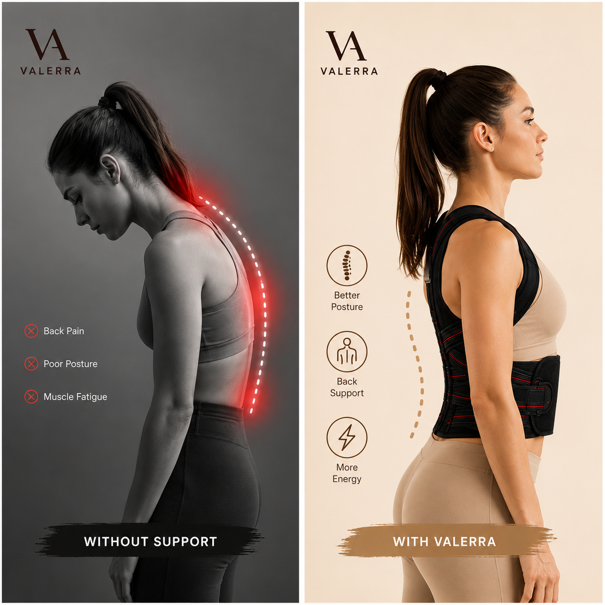 Posture comparison showing rounded shoulders versus supported upright posture