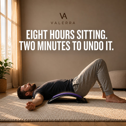 Man using the Valerra back stretcher on the floor after a day of sitting