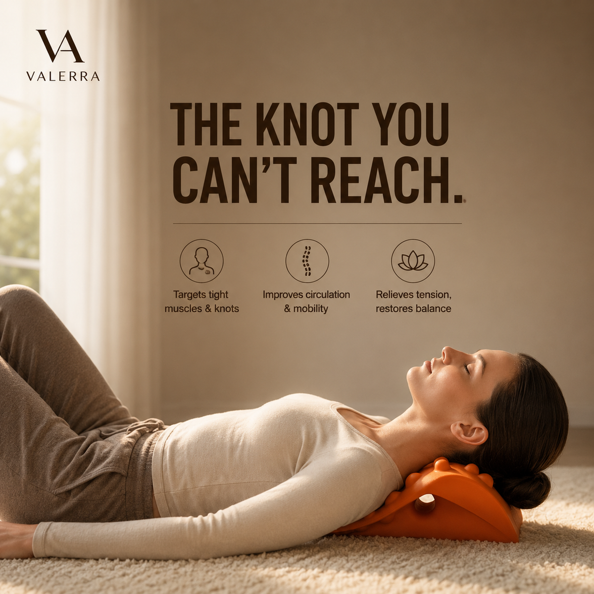 Woman lying down using the Valerra cervical neck traction device under her neck