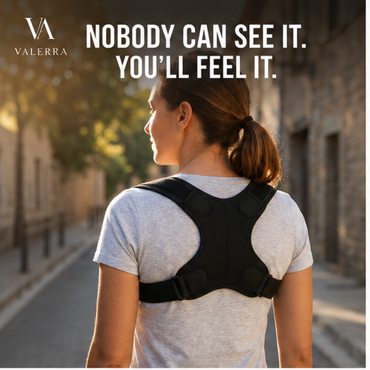 Person wearing the Valerra adjustable posture corrector over a t-shirt